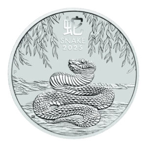 La moneta da 1 oz Lunar III - Anno del Serpente Argento 2025 mostra un serpente arrotolato a terra sotto i rami di un albero, con la scritta "SNAKE 2025" e un carattere cinese in alto.