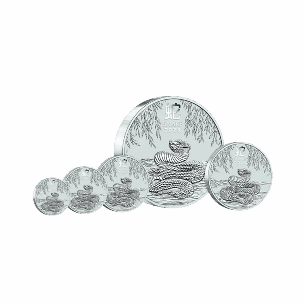 La moneta da 1 oz Lunar III - Anno del Serpente Argento 2025 presenta un serpente arrotolato a terra con bambù sullo sfondo e reca l'iscrizione "Anno del Serpente 2025".