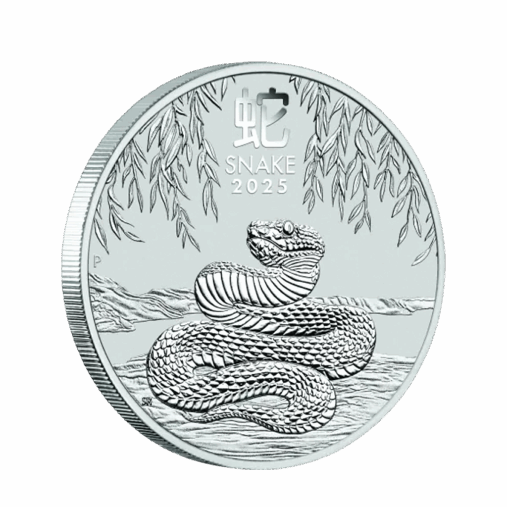 La moneta da 1 oz Lunar III - Anno del Serpente Argento 2025 presenta un serpente dettagliato arrotolato a terra sotto rami di salice, con la scritta "SNAKE 2025" e un carattere cinese sopra il disegno.