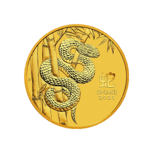 La moneta d'oro da 1/4 di oz Serie Lunar III - Anno del Serpente Oro 2025 mostra un serpente arrotolato tra steli di bambù, con la scritta "SNAKE 2025" e un carattere cinese sul lato destro.