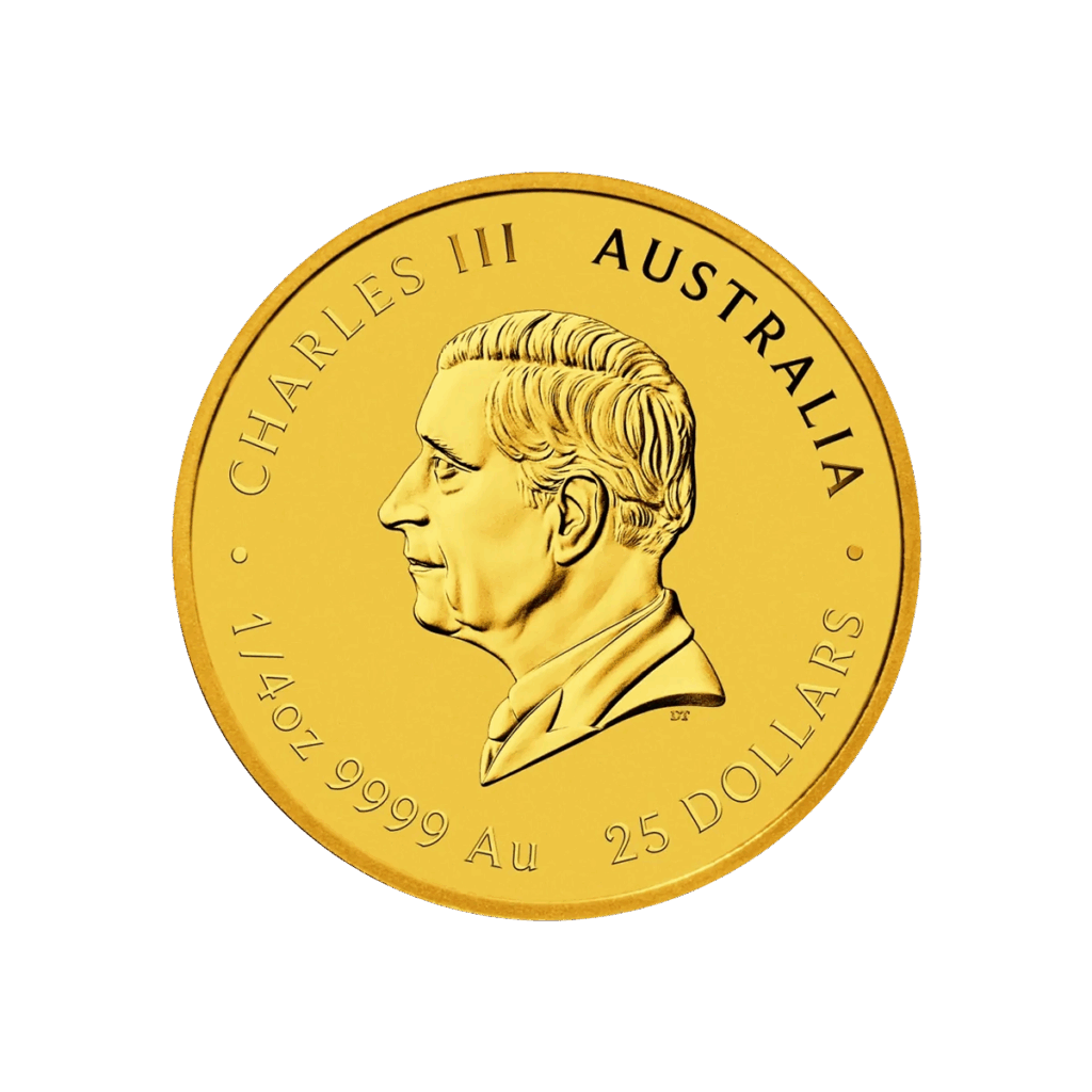 Una moneta d'oro australiana, 1/4 oz Serie Lunar III - Anno del Serpente Oro 2025, presenta un ritratto di Carlo III rivolto a sinistra con le iscrizioni: CHARLES III, AUSTRALIA, 1/4 oz 9999 Au e 25 DOLLARI.