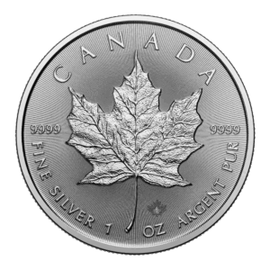 La moneta d'argento canadese da 1 oz Maple Leaf Argento 2025 è caratterizzata da una dettagliata foglia d'acero, con "CANADA", "FINE SILVER 1 OZ ARGENT PUR" e "9999" incisi sui bordi.
