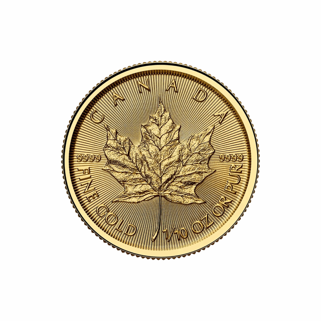 La Foglia d'Acero Oro 2025 da 1/10 oz è una moneta d'oro che mostra una foglia d'acero dettagliata, con "CANADA", "FINE GOLD", "1/10 OZ OR PUR" e "9999" incisi sul bordo.