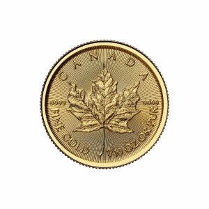 La Foglia d'Acero Oro 2025 da 1/10 oz è una moneta d'oro che mostra una foglia d'acero dettagliata, con "CANADA", "FINE GOLD", "1/10 OZ OR PUR" e "9999" incisi sul bordo.