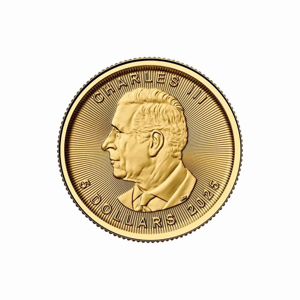 La moneta d'oro da 1/10 oz Maple Leaf Oro 2025 presenta un profilo maschile rivolto a sinistra con CHARLES III in alto e 5 DOLLARS 2025 in basso, il tutto su uno sfondo a linee radianti.