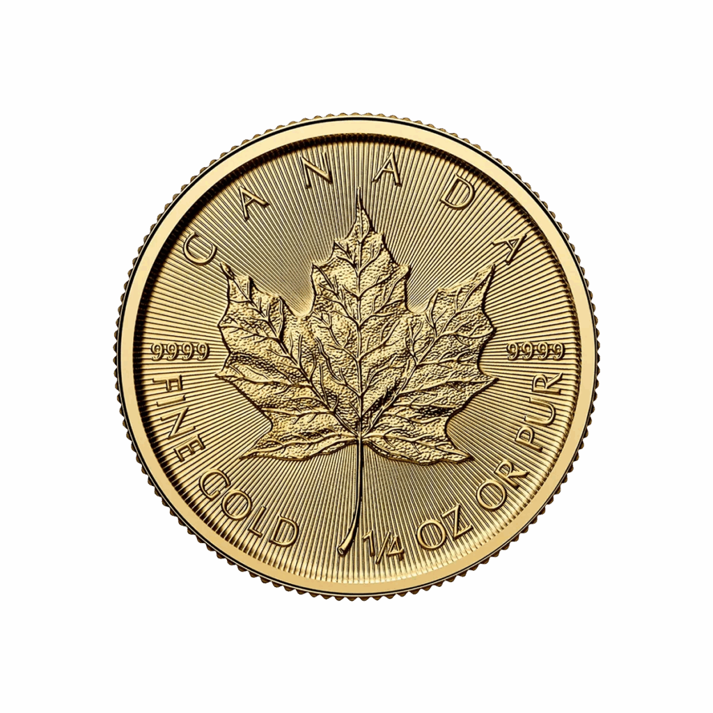 L'1/4 oz Maple Leaf Oro 2025 è una moneta d'oro canadese che mostra una dettagliata foglia d'acero con CANADA, FINE GOLD 1/4 OZ OR PUR e .9999 incisi lungo i bordi.
