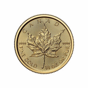 L'1/4 oz Maple Leaf Oro 2025 è una moneta d'oro canadese che mostra una dettagliata foglia d'acero con CANADA, FINE GOLD 1/4 OZ OR PUR e .9999 incisi lungo i bordi.