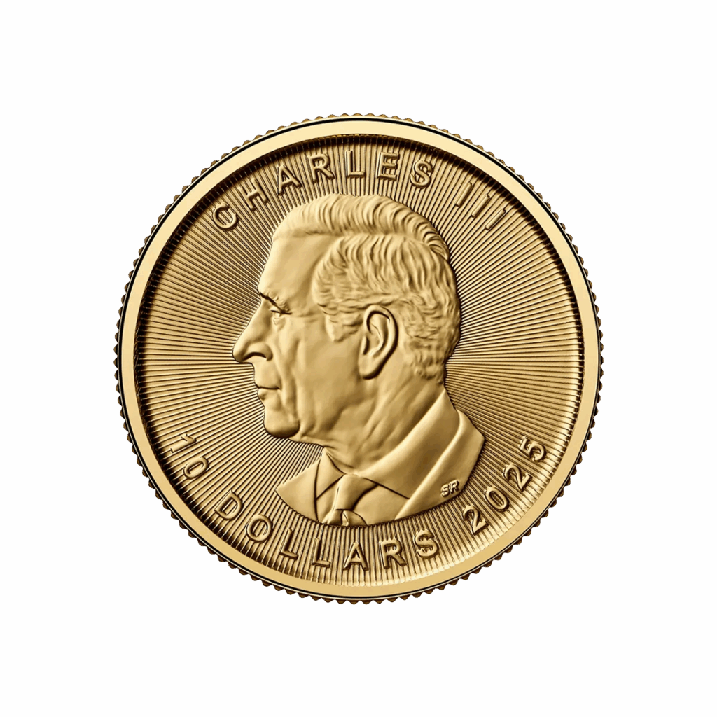 La moneta d'oro da 1/4 di oz Maple Leaf Oro 2025 presenta il ritratto di un uomo dai capelli corti rivolto verso sinistra con la scritta CHARLES III, l'iscrizione 10 DOLLARS 2025 sul bordo e un motivo a linee radianti sullo sfondo.