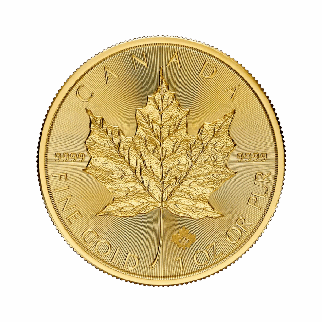 La Foglia d'Acero Oro 2025 da 1 oz è una moneta canadese d'oro che mostra una foglia d'acero dettagliata, con l'iscrizione CANADA, FINE GOLD 1 OZ OR PUR e 9999 intorno ai bordi.