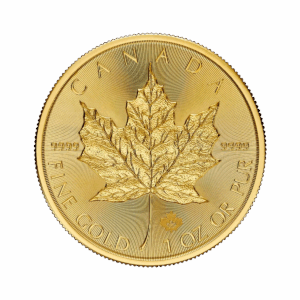 La Foglia d'Acero Oro 2025 da 1 oz è una moneta canadese d'oro che mostra una foglia d'acero dettagliata, con l'iscrizione CANADA, FINE GOLD 1 OZ OR PUR e 9999 intorno ai bordi.