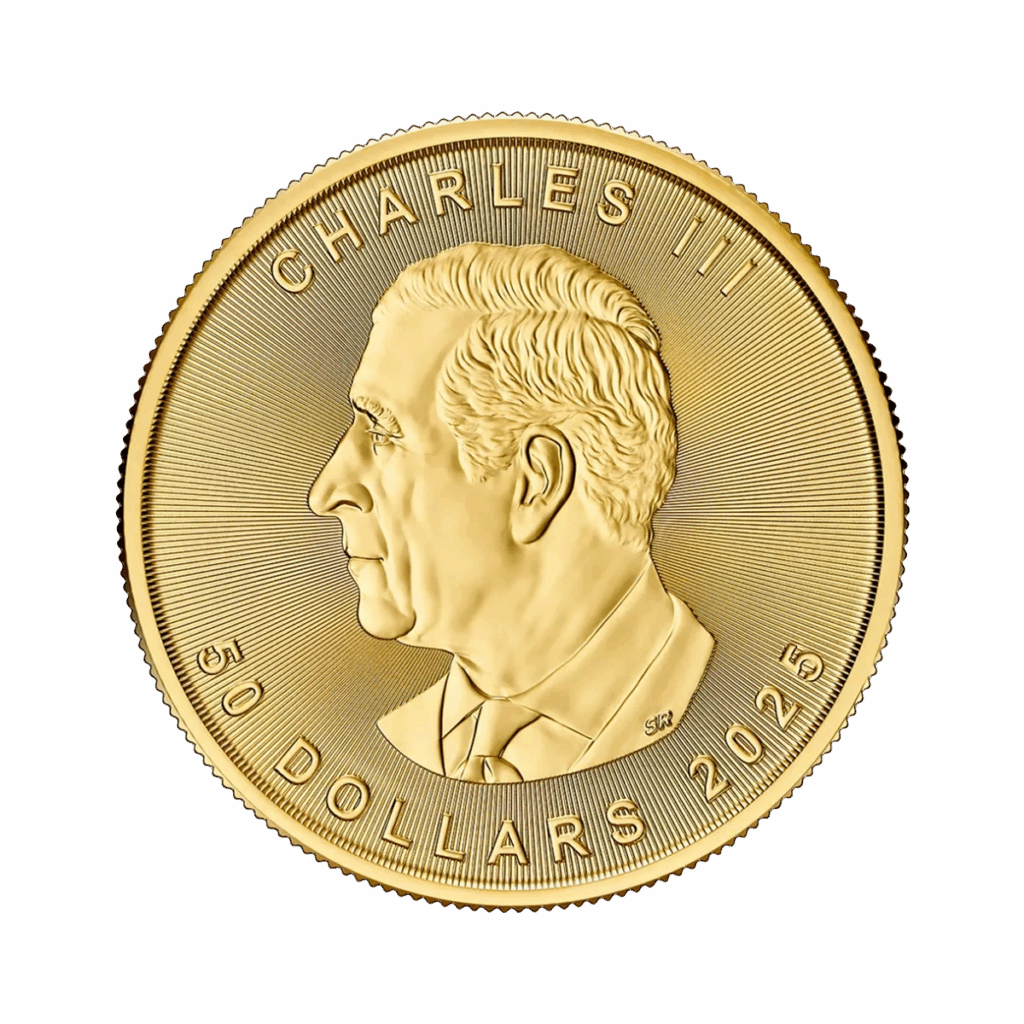La moneta d'oro da 1 oz Maple Leaf Oro 2025 presenta un profilo di Carlo III rivolto verso sinistra, con l'iscrizione CHARLES III, 50 DOLLARS e l'anno 2025.