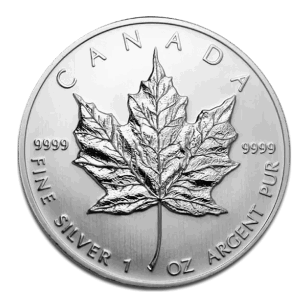 La Foglia d'Acero Argento da 1 oz anni misti è una moneta d'argento canadese con una foglia d'acero dettagliata, la scritta "CANADA" nella parte superiore e le iscrizioni "9999", "FINE SILVER 1 OZ ARGENT PUR" intorno ai bordi.