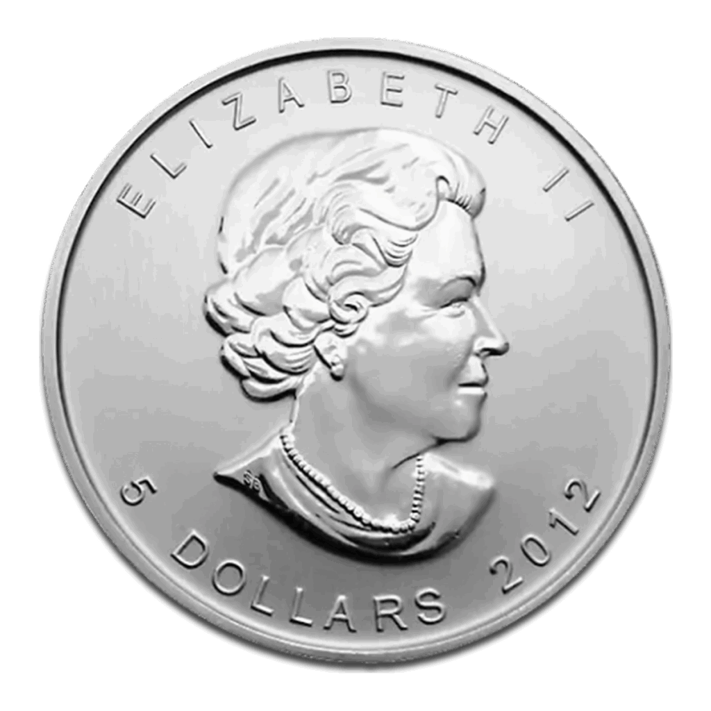 La moneta d'argento da 1 oz Maple Leaf Argento anni misti presenta un ritratto della Regina Elisabetta II rivolto verso destra con le iscrizioni: ELIZABETH II, 5 DOLLARI e l'anno 2012.