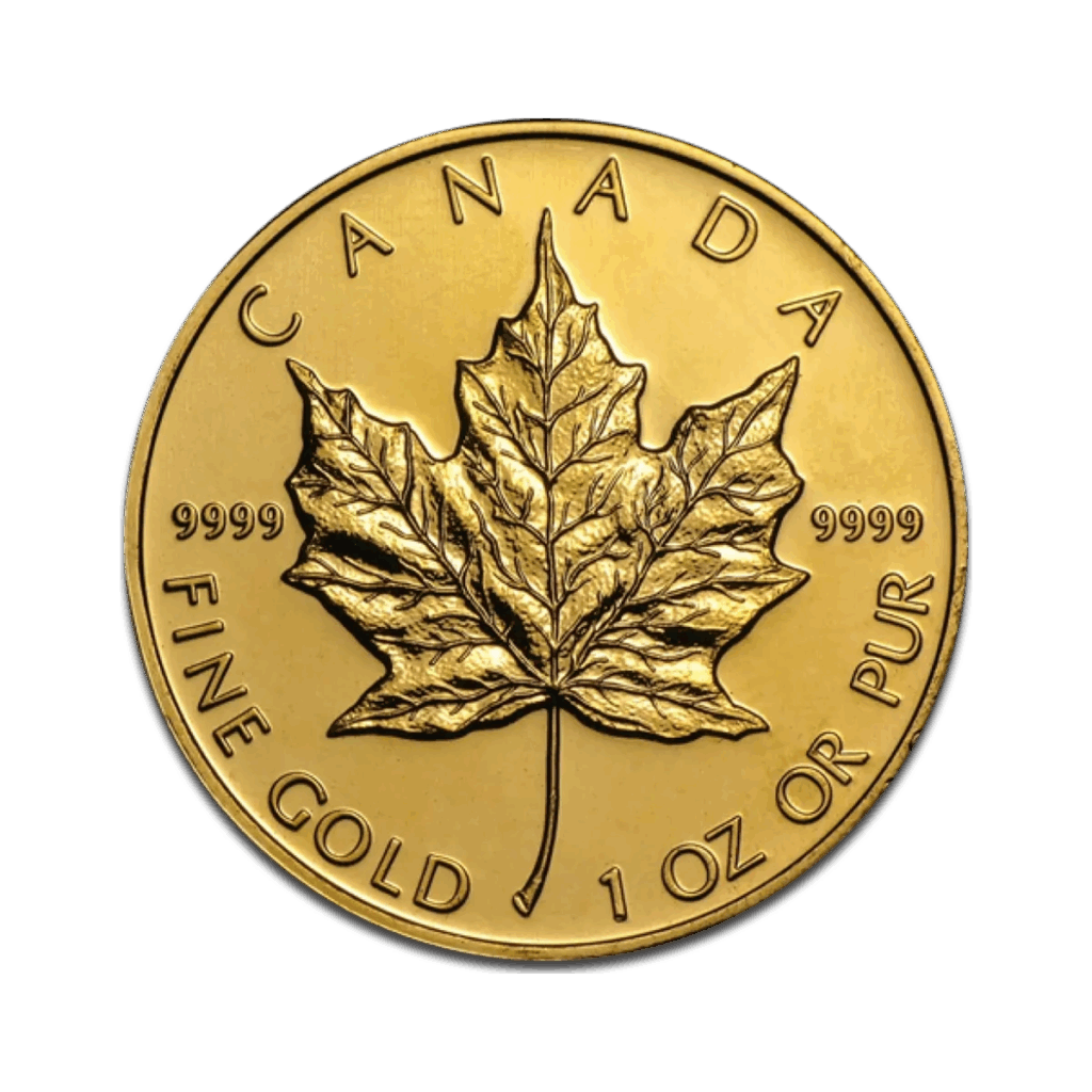 La Foglia d'acero da 1 oz Oro Anni diversi è una moneta canadese d'oro con una foglia d'acero dettagliata, la scritta "CANADA" in alto, la scritta "FINE GOLD 1 OZ OR PUR" in basso e la scritta "9999" su entrambi i lati.