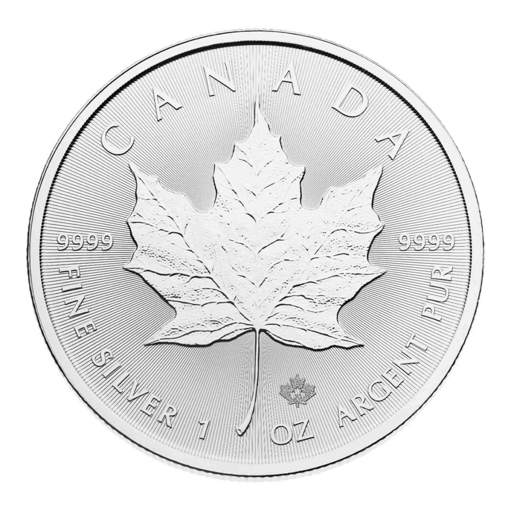 La Foglia d'acero d'argento è una moneta canadese con una dettagliata foglia d'acero al centro, delimitata da "CANADA", "FINE SILVER 1 OZ ARGENT PUR" e "9999" su ciascun lato della foglia.