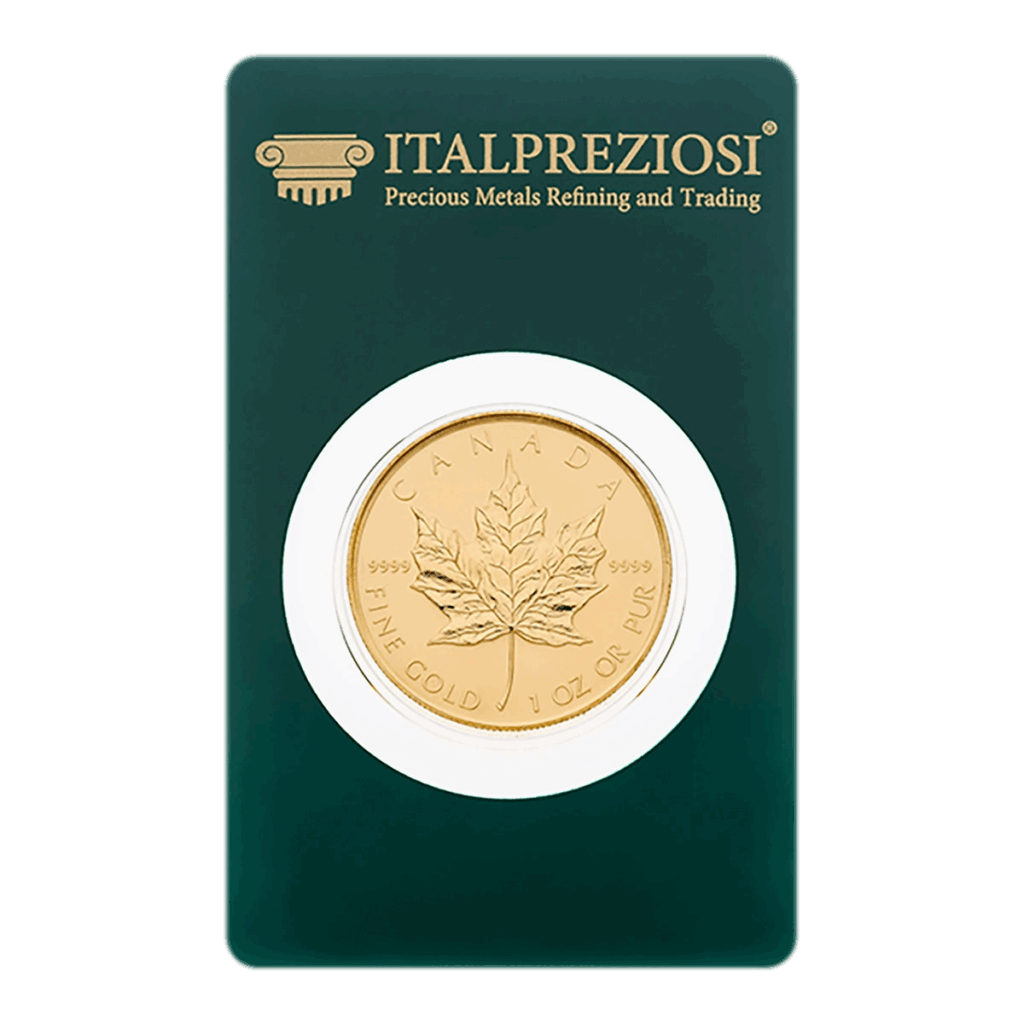 La moneta d'oro Maple Leaf, contrassegnata dalla scritta "CANADA" e "FINE GOLD 1 OZ OR PUR", presenta il disegno di una foglia d'acero ed è contenuta in una confezione verde con l'etichetta ITALPREZIOSI Precious Metals Refining and Trading.