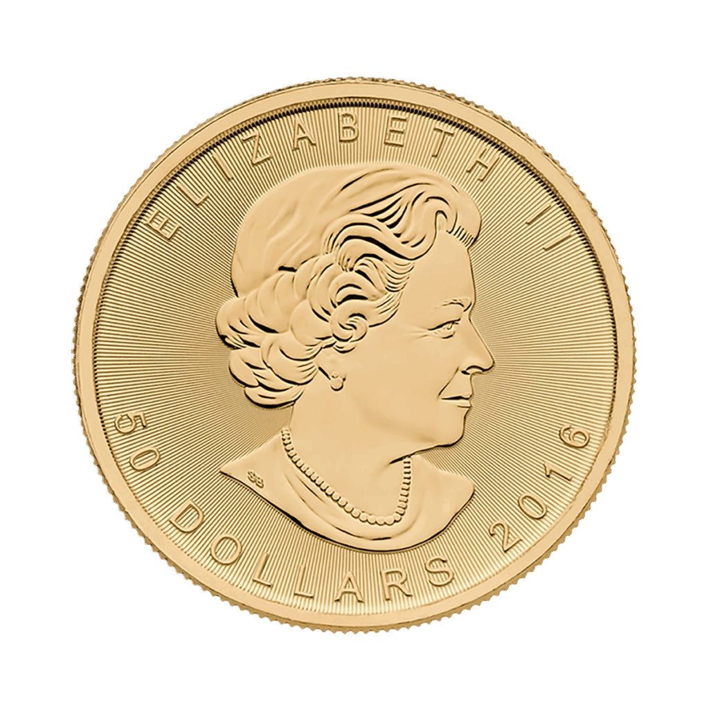 La moneta d'oro Maple Leaf presenta un ritratto della Regina Elisabetta II rivolto verso destra, con l'iscrizione ELIZABETH II, 50 DOLLARI e 2016.