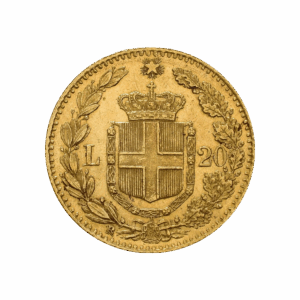 La moneta d'oro Marengo presenta uno scudo coronato con una croce centrale, affiancata da rami di alloro e quercia. Accanto allo scudo compaiono le lettere L e 20, che indicano la denominazione della moneta.