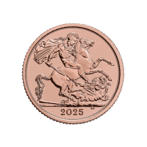 La Mezza Sterlina d'Oro 2025 - Re Carlo III presenta l'incisione di un guerriero a cavallo che uccide un drago, con un mantello fluente e dettagli intricati.