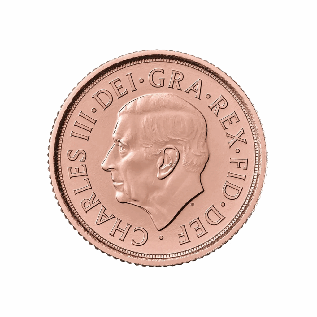La Mezza Sterlina d'Oro 2025 - Re Carlo III presenta un profilo di Re Carlo III rivolto a sinistra con l'iscrizione CHARLES III - DEI - GRA - REX - FID - DEF sulla superficie color rame e sullo sfondo liscio.