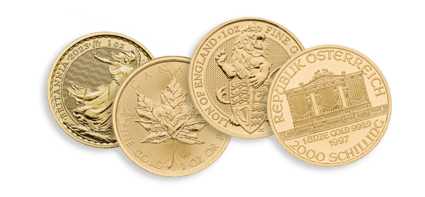 Quattro monete d'oro con disegni intricati sono disposte in modo sovrapposto. I disegni includono Britannia, una foglia d'acero, un leone araldico e una sala da concerto della Filarmonica austriaca. Ogni moneta riporta i dettagli relativi al paese, al peso e alla purezza.