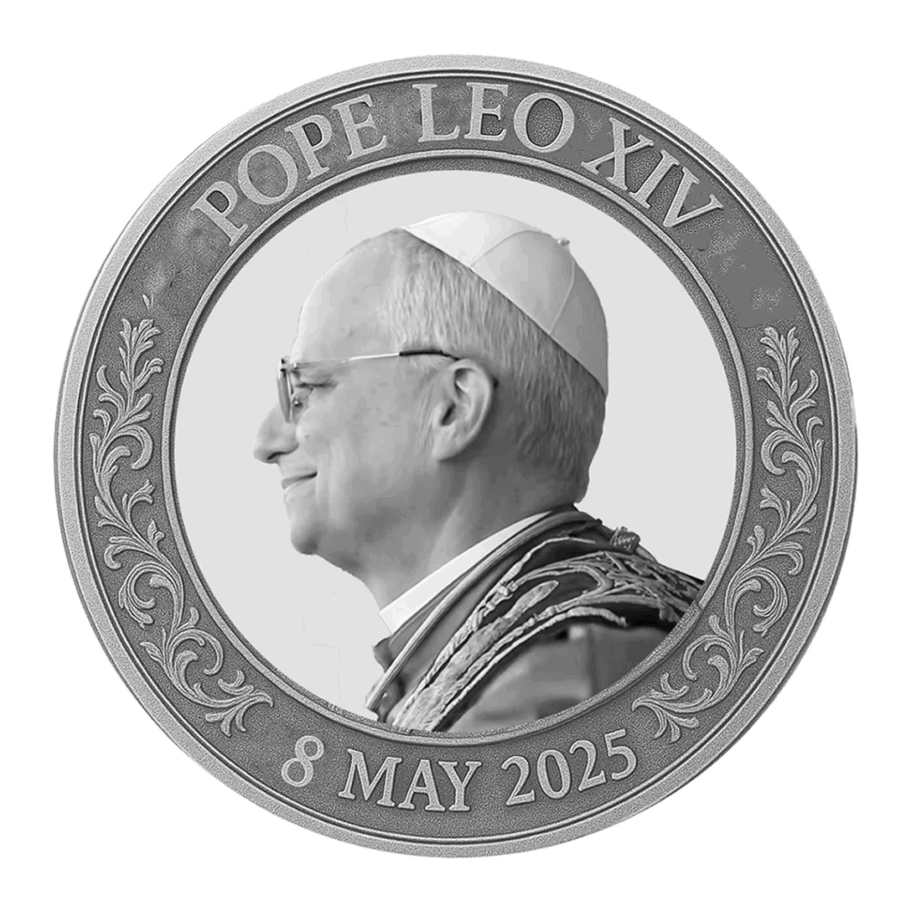La moneta d'argento da 1 oz intitolata "2025 Il Primo Papa Americano - Papa Leone XIV BU" mostra il profilo di Papa Leone XIV in abiti papali, la data 8 maggio 2025 e motivi decorativi a foglia intorno al bordo.