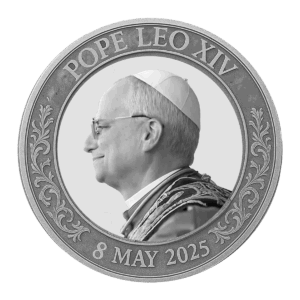 La moneta d'argento da 1 oz intitolata "2025 Il Primo Papa Americano - Papa Leone XIV BU" mostra il profilo di Papa Leone XIV in abiti papali, la data 8 maggio 2025 e motivi decorativi a foglia intorno al bordo.