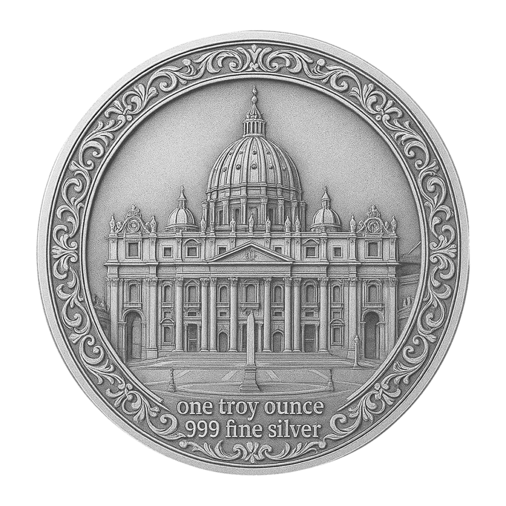 La moneta 2025 Il Primo Papa Americano - Papa Leone XIV 1 oz Argento FDC presenta un bordo ornato, un'immagine incisa della Basilica di San Pietro e l'iscrizione "one troy ounce .999 fine silver" in basso.