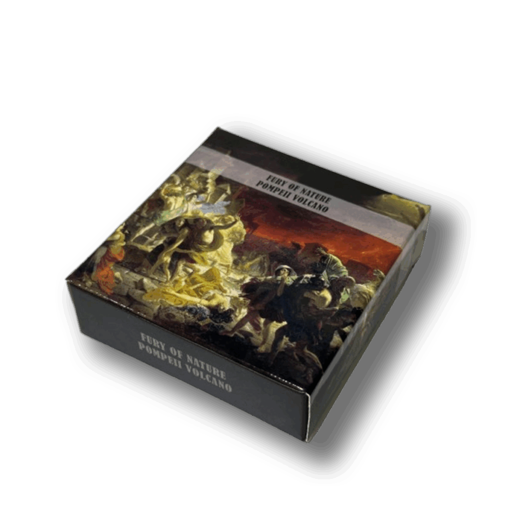 La scatola quadrata Palau 2023 Eruzione del Vulcano Pompei 2 oz Argento mostra un'immagine drammatica di persone in fuga da un vulcano in eruzione, con nuvole scure e flussi di lava incandescente alle spalle.