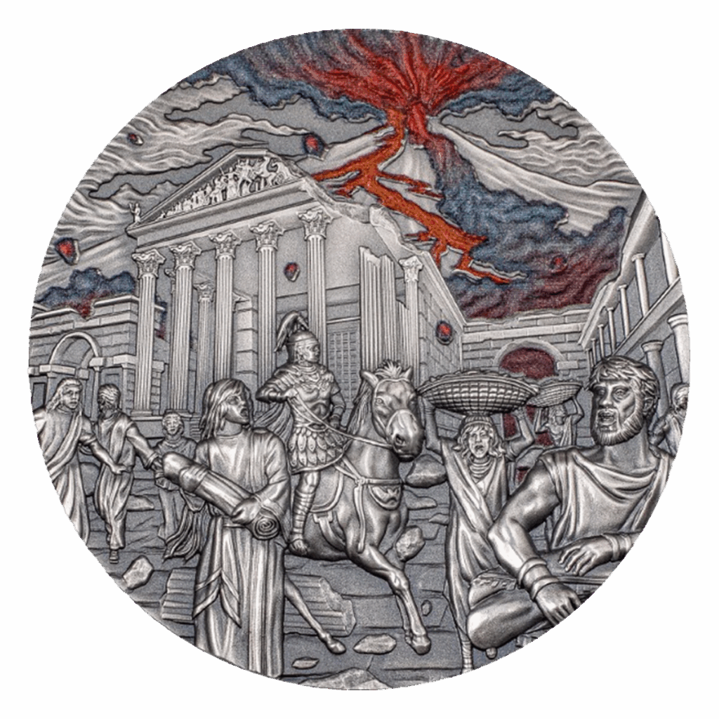 Gli antichi romani fuggono terrorizzati mentre la lava rossa e il fumo inghiottono Pompei in questo dettagliato disegno circolare sulla moneta Palau 2023 Eruzione del Vulcano Pompei da 2 once Argento, che raffigura il caos tra colonne e statue classiche.