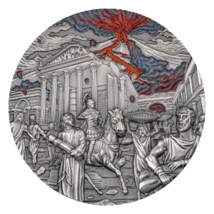 Gli antichi romani fuggono terrorizzati mentre la lava rossa e il fumo inghiottono Pompei in questo dettagliato disegno circolare sulla moneta Palau 2023 Eruzione del Vulcano Pompei da 2 once Argento, che raffigura il caos tra colonne e statue classiche.