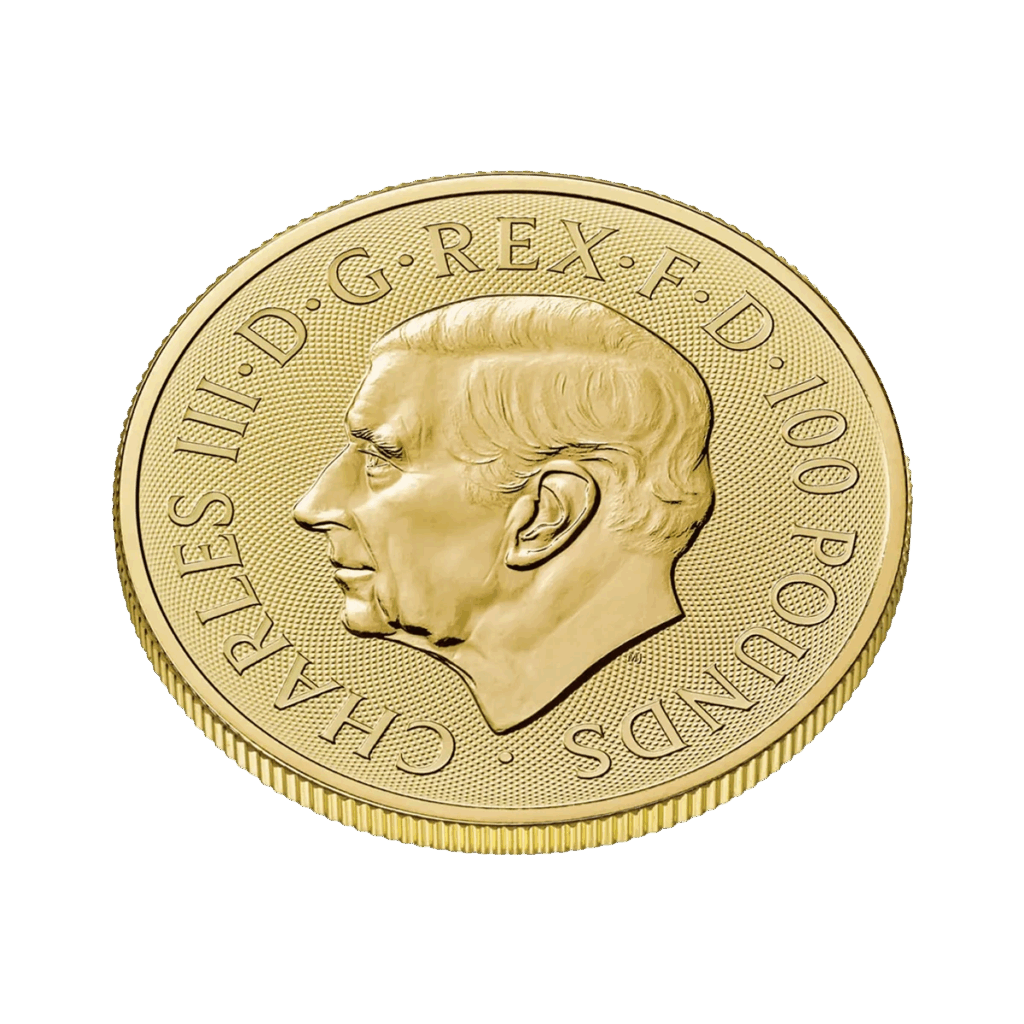 La moneta da 1 oz San Giorgio e il Drago Oro 2025 è una moneta d'oro con bordo rigato, con il ritratto del re Carlo III rivolto a sinistra e l'iscrizione: CHARLES III - D - G - REX - F - D - 100 POUNDS.