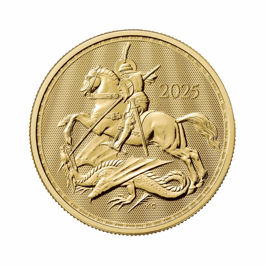 La moneta d'oro da 1 oz San Giorgio e il Drago Oro 2025 raffigura un cavaliere in armatura a cavallo che uccide un drago con una lancia, con l'anno 2025 inciso sulla destra.