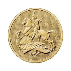 La moneta d'oro da 1 oz San Giorgio e il Drago Oro 2025 raffigura un cavaliere in armatura a cavallo che uccide un drago con una lancia, con l'anno 2025 inciso sulla destra.