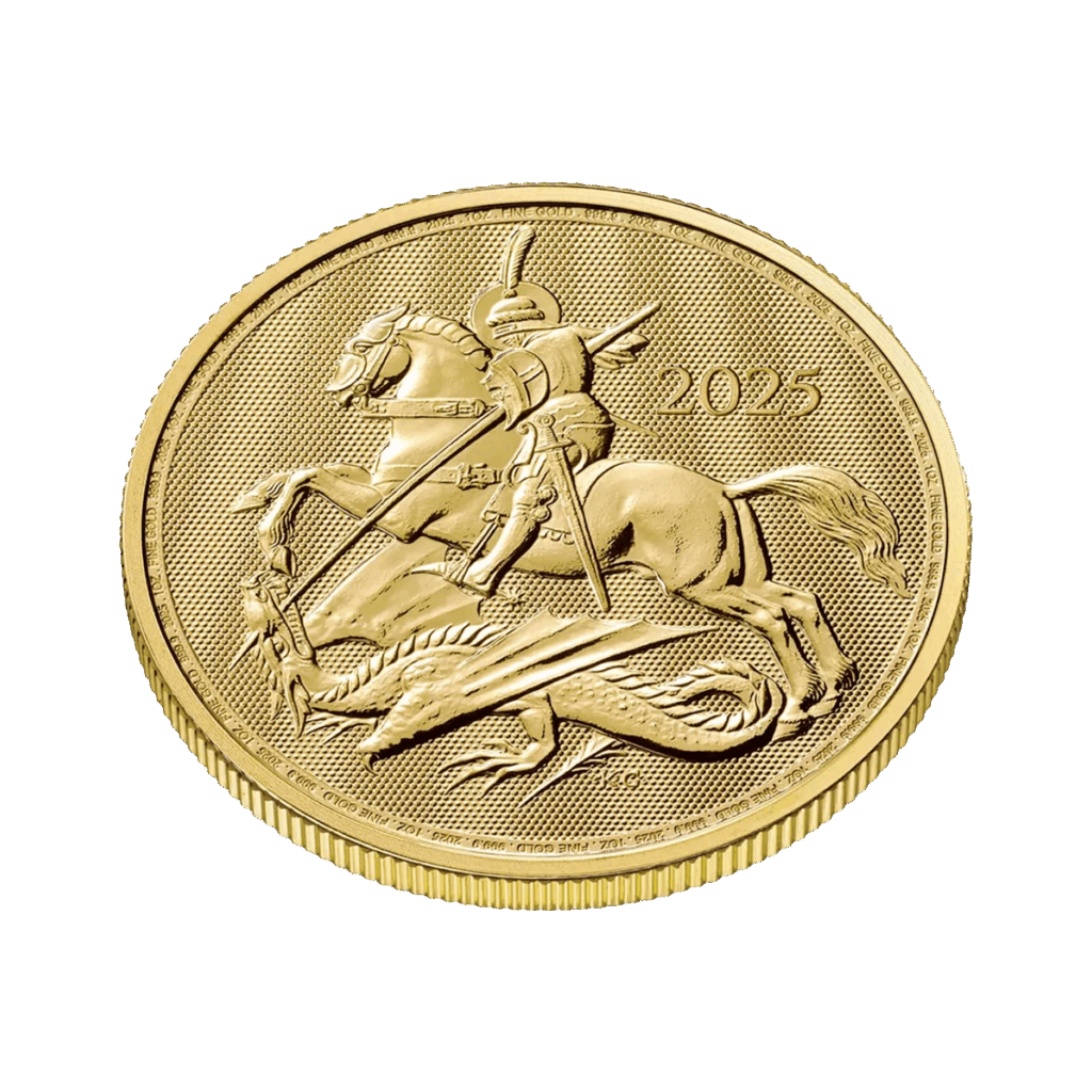 Il San Giorgio e il Drago Oro 2025 da 1 oz presenta una moneta d'oro con un cavaliere a cavallo che uccide un drago, l'anno 2025 inciso a destra, uno sfondo testurizzato e un bordo rigato.