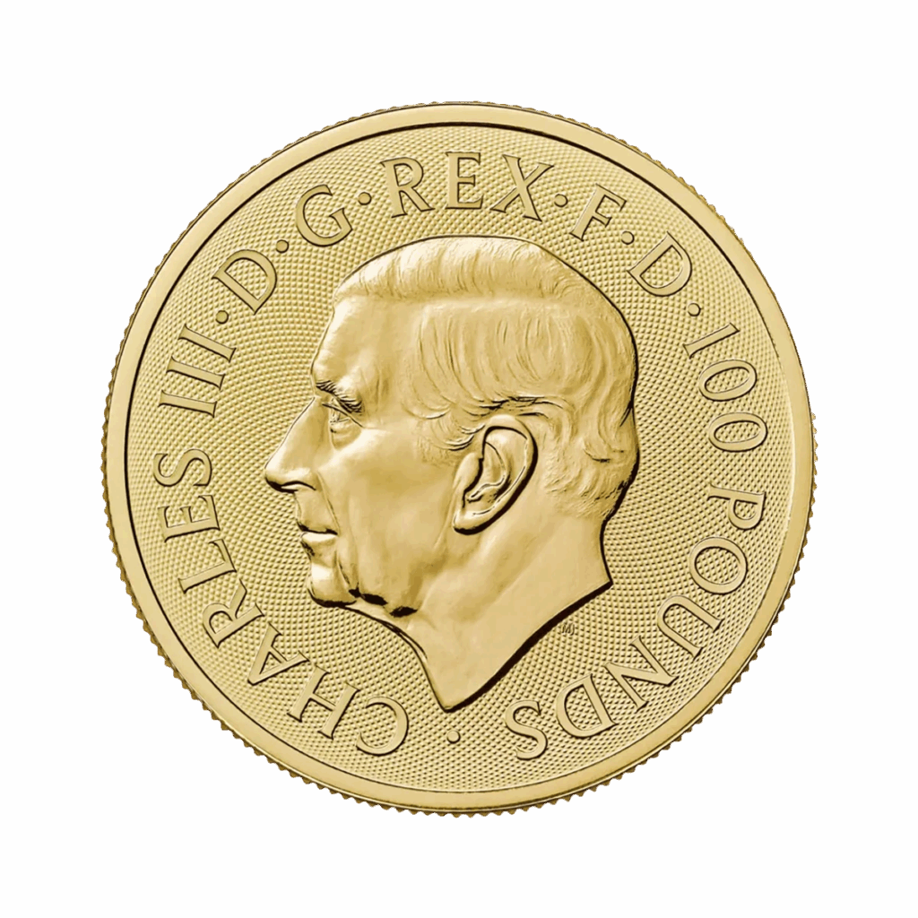 Moneta d'oro da 1 oz San Giorgio e il Drago Oro 2025, raffigurante San Giorgio che uccide il drago, con iscrizioni e un ritratto del re Carlo III rivolto a sinistra sul dritto.