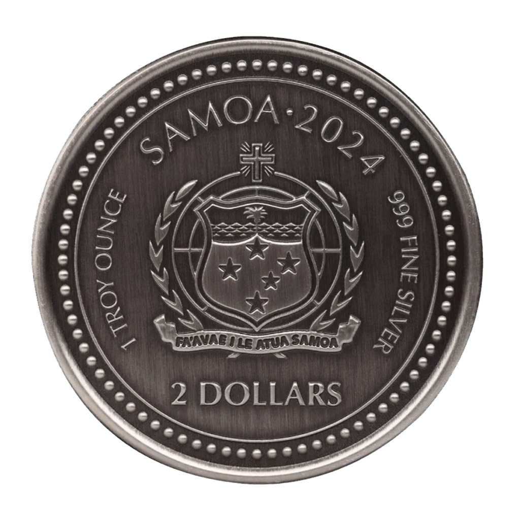 La moneta Samoa 2024 Cavalluccio Marino 1 oz Argento Proof Like Antico è una moneta d'argento con lo stemma nazionale, "FAAVAE I LE ATUA SAMOA", 1 TROY OUNCE, 999 FINE SILVER, e un taglio di 2 DOLLARI.