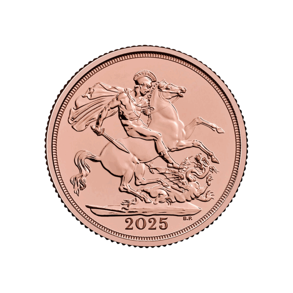 The 2025 Gold Sovereign features a warrior on horseback slaying a dragon, with a flowing cape and intricate edge detailing.