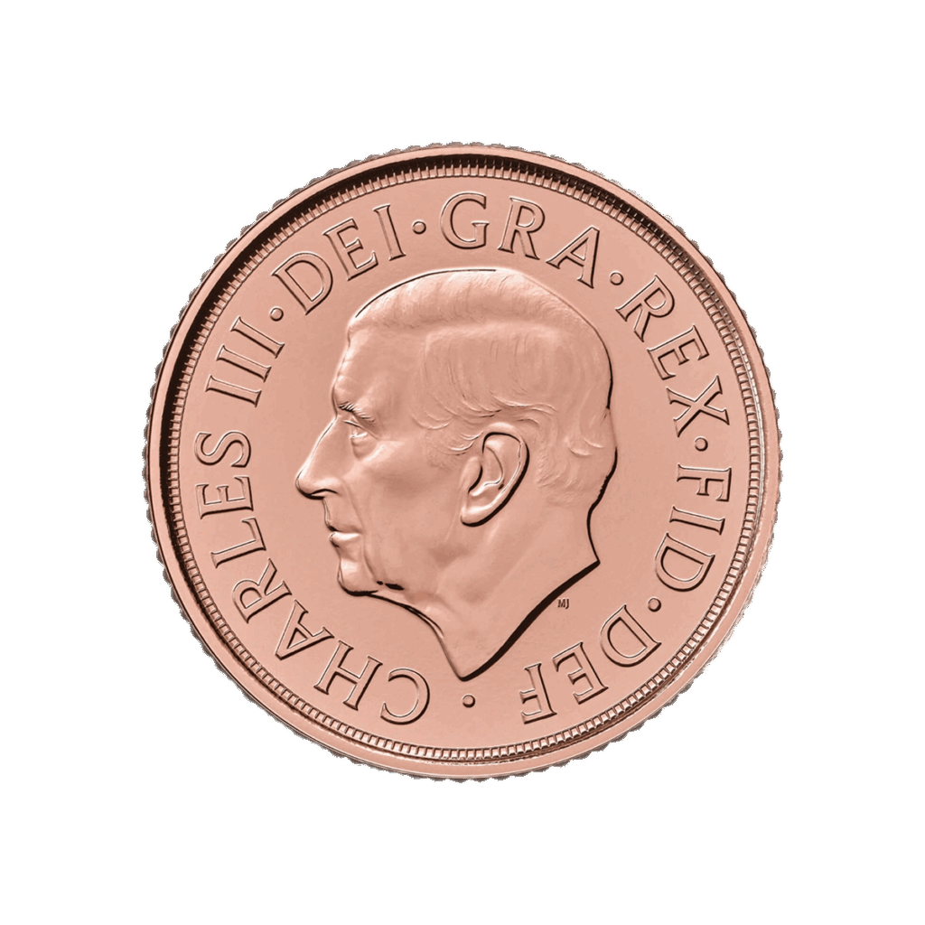 The 2025 Gold Sovereign is a copper-toned coin with a left-facing portrait of a man, encircled by the inscription CHARLES III • DEI • GRA • REX • FID • DEF. It features a ridged edge and a smooth background.