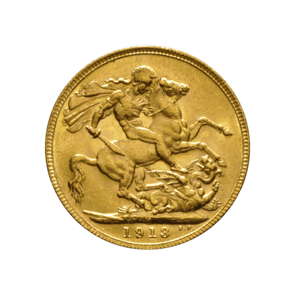 La Sterlina Britannica è una moneta d'oro che raffigura San Giorgio a cavallo che uccide un drago, con l'anno 1913 inciso in basso.