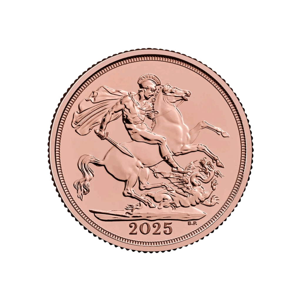 La Sterlina d'Oro 2025 - Re Carlo III raffigura un guerriero a cavallo che uccide un drago, con il mantello che gli scorre dietro e le iniziali B.R. incise in basso.