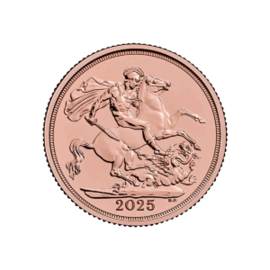 La Sterlina d'Oro 2025 - Re Carlo III raffigura un guerriero a cavallo che uccide un drago, con il mantello che gli scorre dietro e le iniziali B.R. incise in basso.