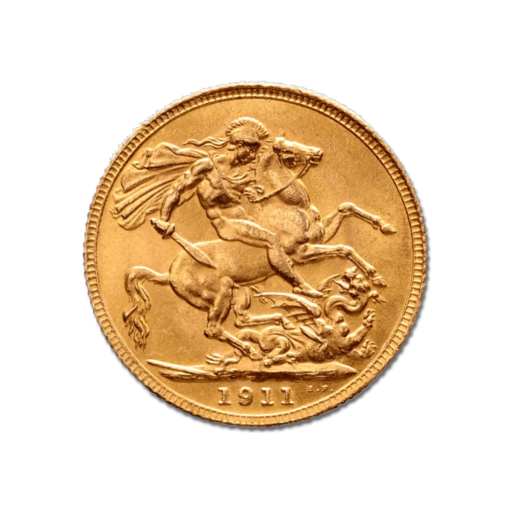 La Sterlina d'Oro - Re Giorgio V 1911-1932 è una moneta d'oro del 1911 che raffigura San Giorgio a cavallo che uccide un drago, con incisioni dettagliate e bordo fresato.
