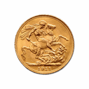 La Sterlina d'Oro - Re Giorgio V 1911-1932 è una moneta d'oro del 1911 che raffigura San Giorgio a cavallo che uccide un drago, con incisioni dettagliate e bordo fresato.