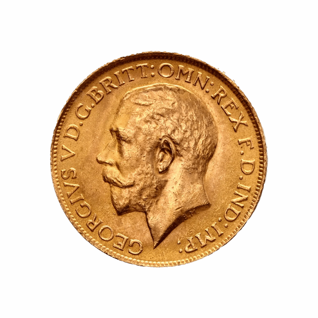 La Sterlina d'Oro - Re Giorgio V 1911-1932 è una moneta d'oro con il ritratto di Re Giorgio V, rivolto a sinistra e con i baffi, circondato dall'iscrizione GEORGIVS V D.G. BRITT: OMN: REX F.D. IND: IMP:.