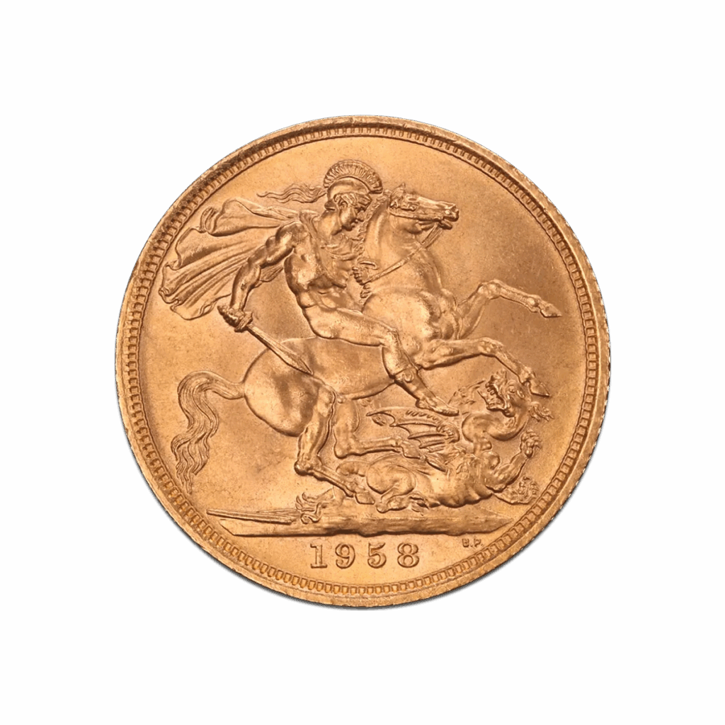 La Sterlina d'Oro Regina Elisabetta II è una moneta d'oro del 1958 che presenta San Giorgio che uccide un drago, incisioni dettagliate e un bordo ribassato.