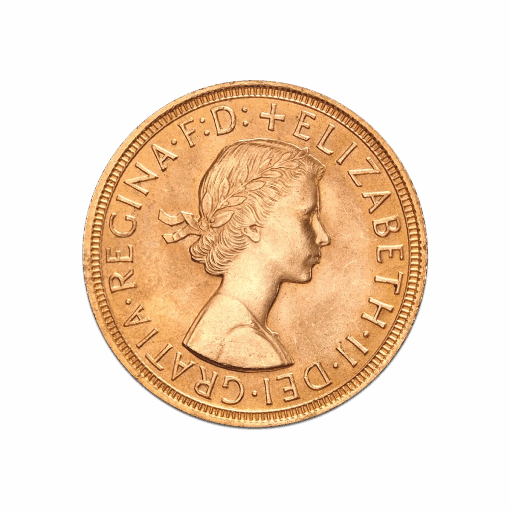 La Sterlina d'Oro Regina Elisabetta II presenta un profilo della Regina Elisabetta II rivolto verso destra con l'iscrizione ELIZABETH II DEI GRATIA REGINA F D intorno al bordo.