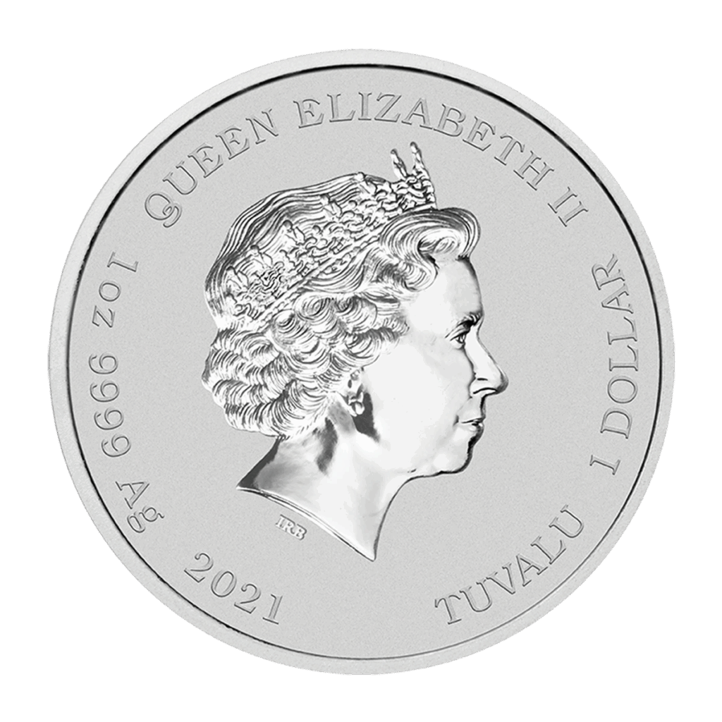 Moneta d'argento raffigurante Marge e Maggie Simpson, con iscrizioni: QUEEN ELIZABETH II, 1 oz 9999 Ag, 2021, TUVALU e 1 DOLLAR. Prodotto: 2021 Tuvalu I Simpson: Marge e Maggie 1 oz Argento Fior di Conio.
