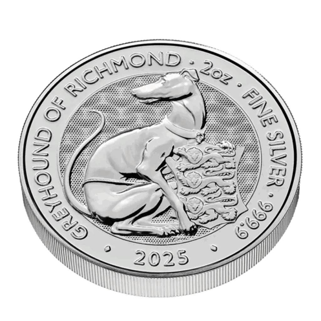La moneta da 2 once Tudor Beasts - Levriero di Richmond Argento 2025 mostra un levriero seduto accanto a uno scudo, con le iscrizioni: GREYHOUND OF RICHMOND, 2 oz, FINE SILVER, 2025, e 999,9. Il bordo della moneta è rigato.