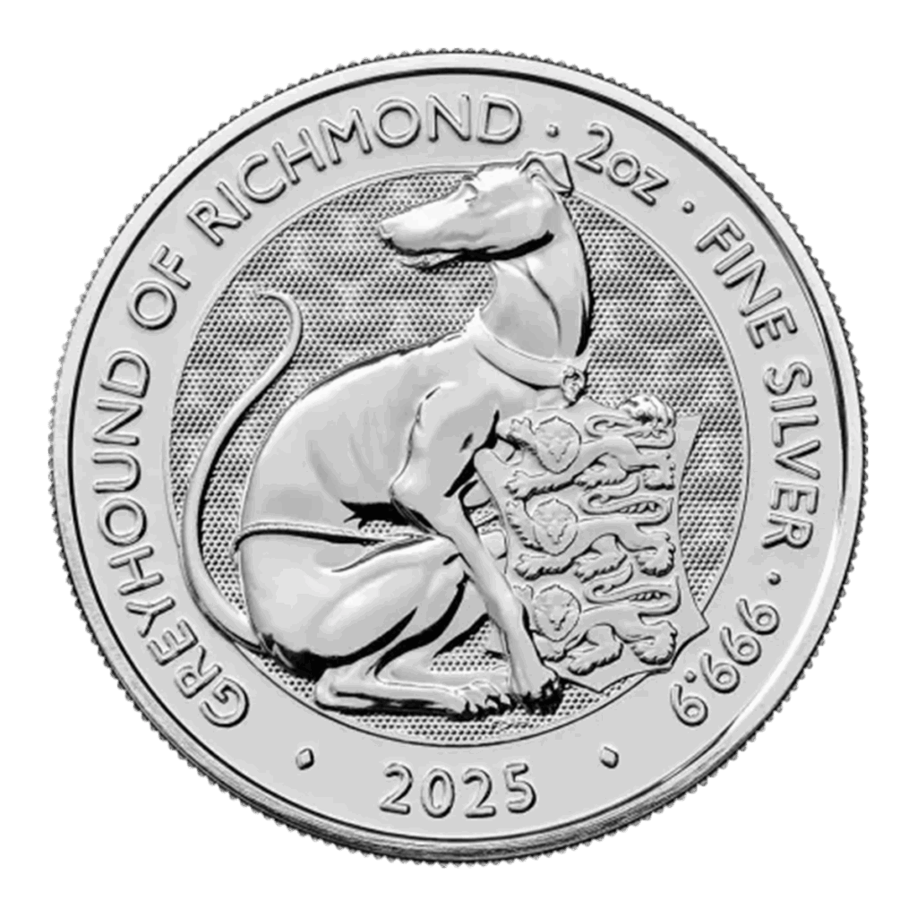 Il 2 oz Tudor Beasts - Levriero di Richmond Argento 2025 presenta un cane levriero accanto a uno scudo, con le iscrizioni: GREYHOUND OF RICHMOND, 2 oz FINE SILVER, 2025, e 999,9 su uno sfondo testurizzato.